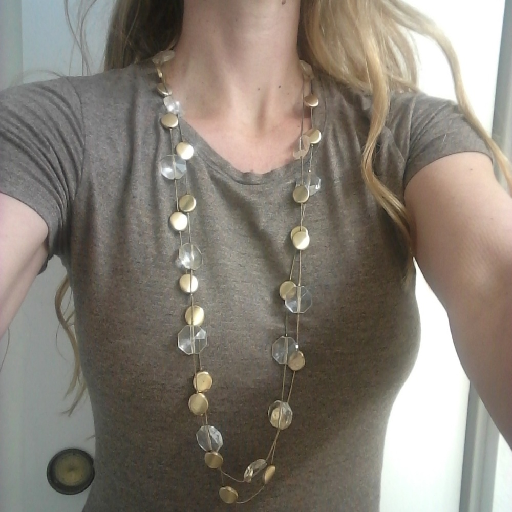 Super Long Gold and Clear Bead Fashion Necklace